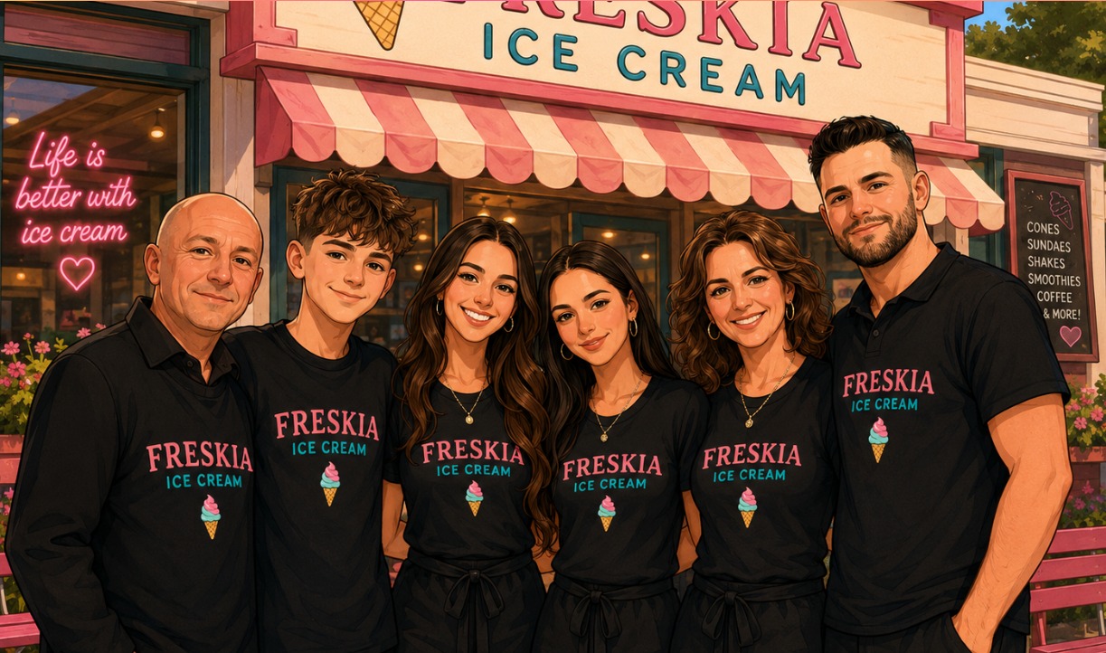 The Freskia Ice Cream family team in front of the store
