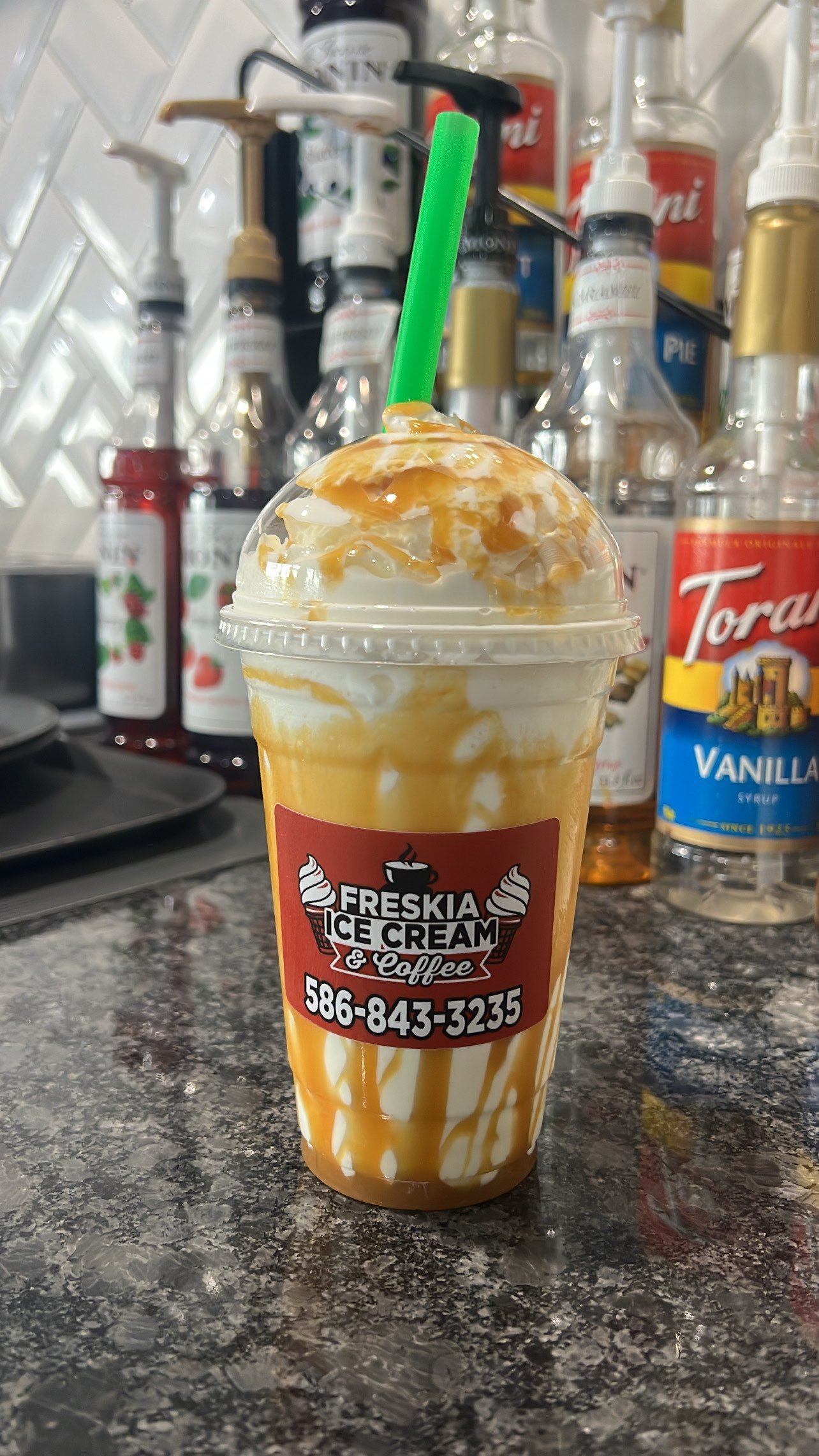 Freskia caramel frappe with whipped cream